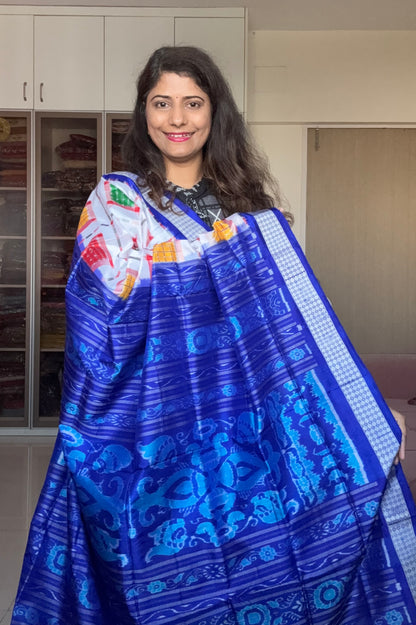 Exclusive Sambalpuri Pure Silk Saree - White-Blue
