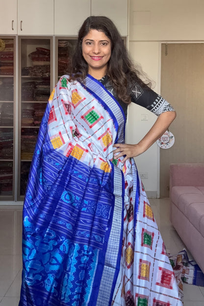 Exclusive Sambalpuri Pure Silk Saree - White-Blue
