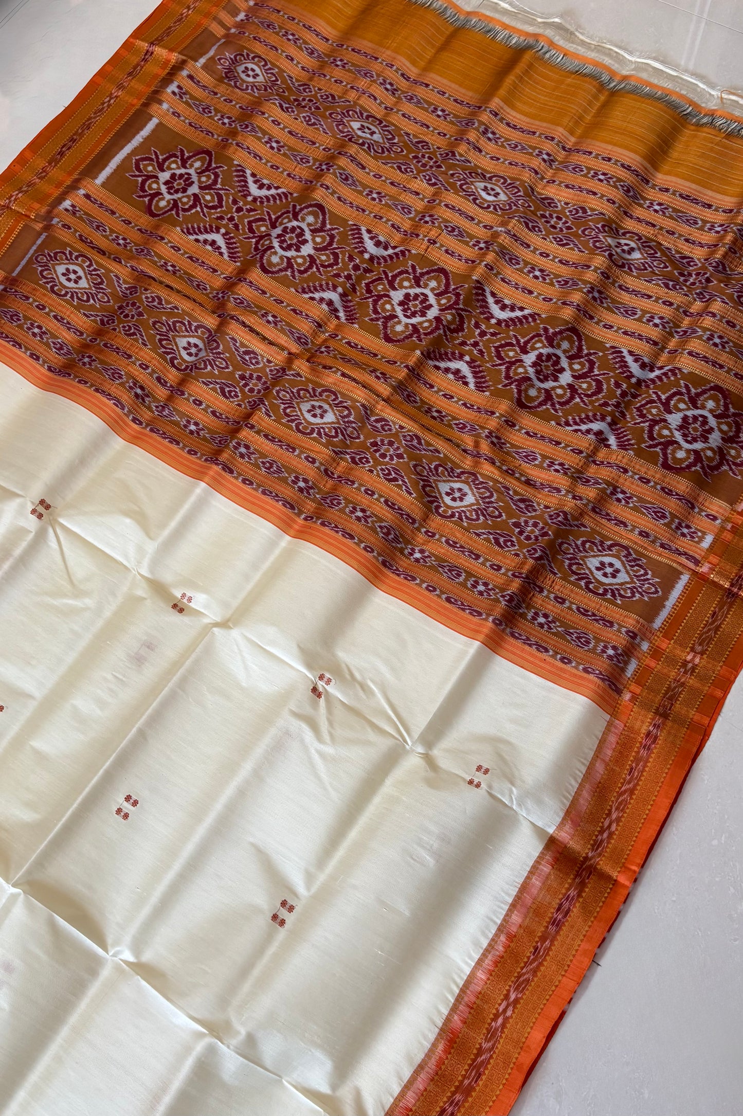 Odisha Ikkat Khandua Pure Silk Saree- Off White And Orange