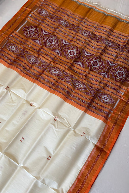 Odisha Ikkat Khandua Pure Silk Saree- Off White And Orange