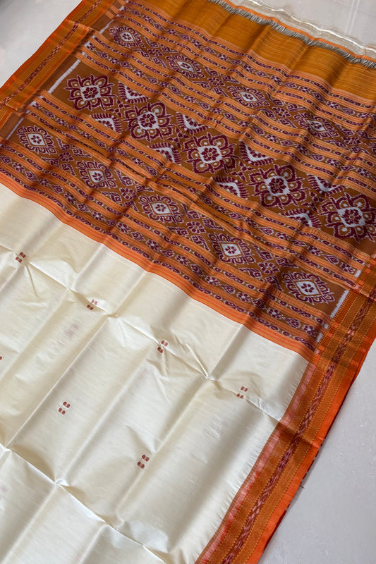 Odisha Ikkat Khandua Pure Silk Saree- Off White And Orange