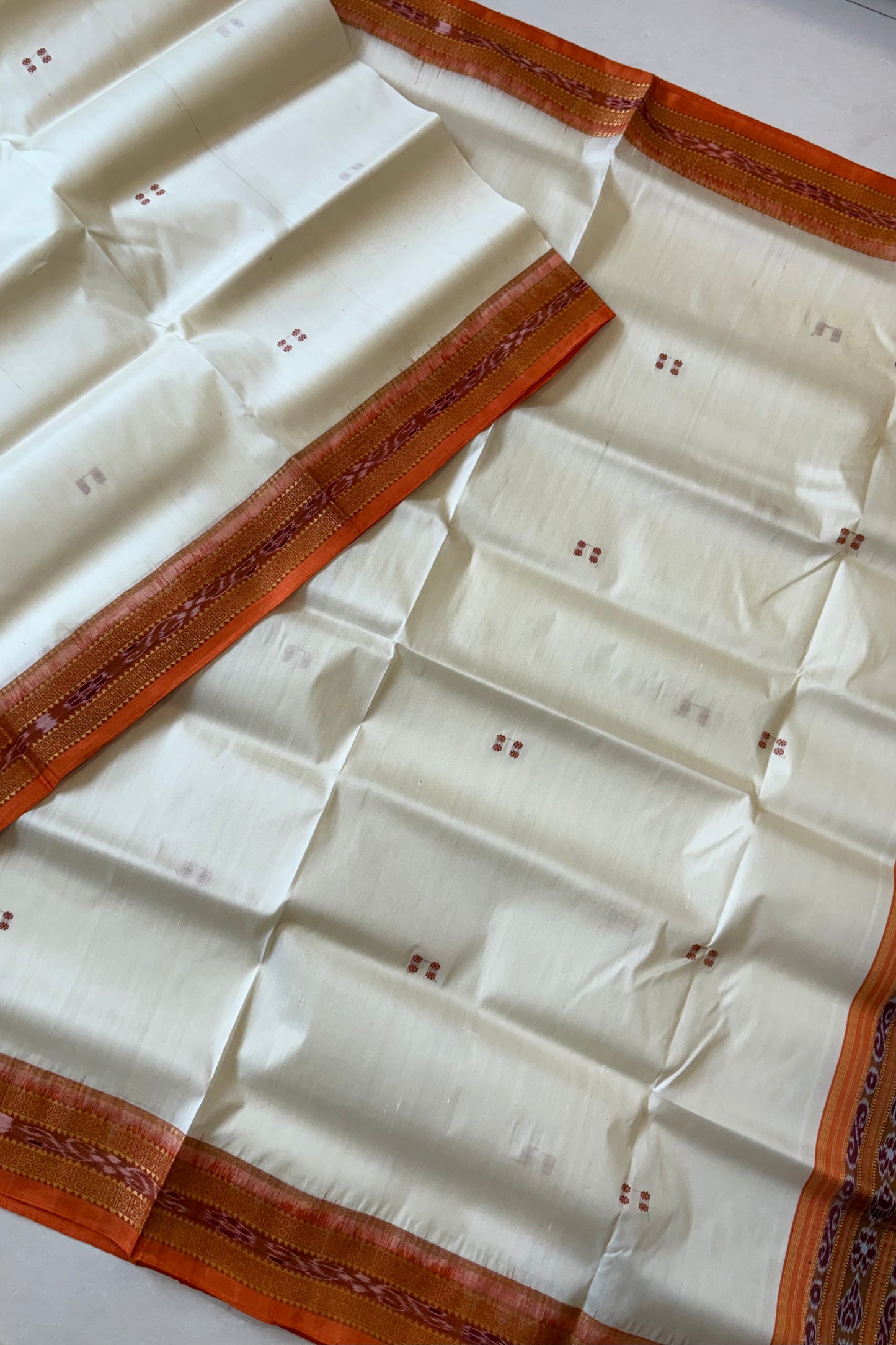 Odisha Ikkat Khandua Pure Silk Saree- Off White And Orange