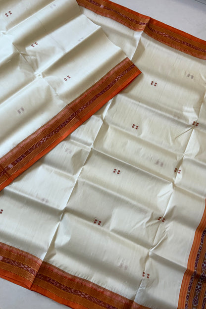 Odisha Ikkat Khandua Pure Silk Saree- Off White And Orange