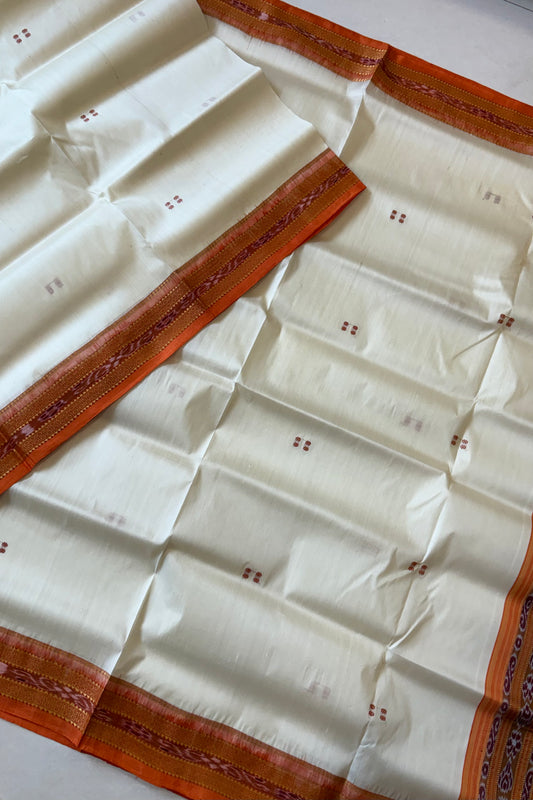 Odisha Ikkat Khandua Pure Silk Saree- Off White And Orange