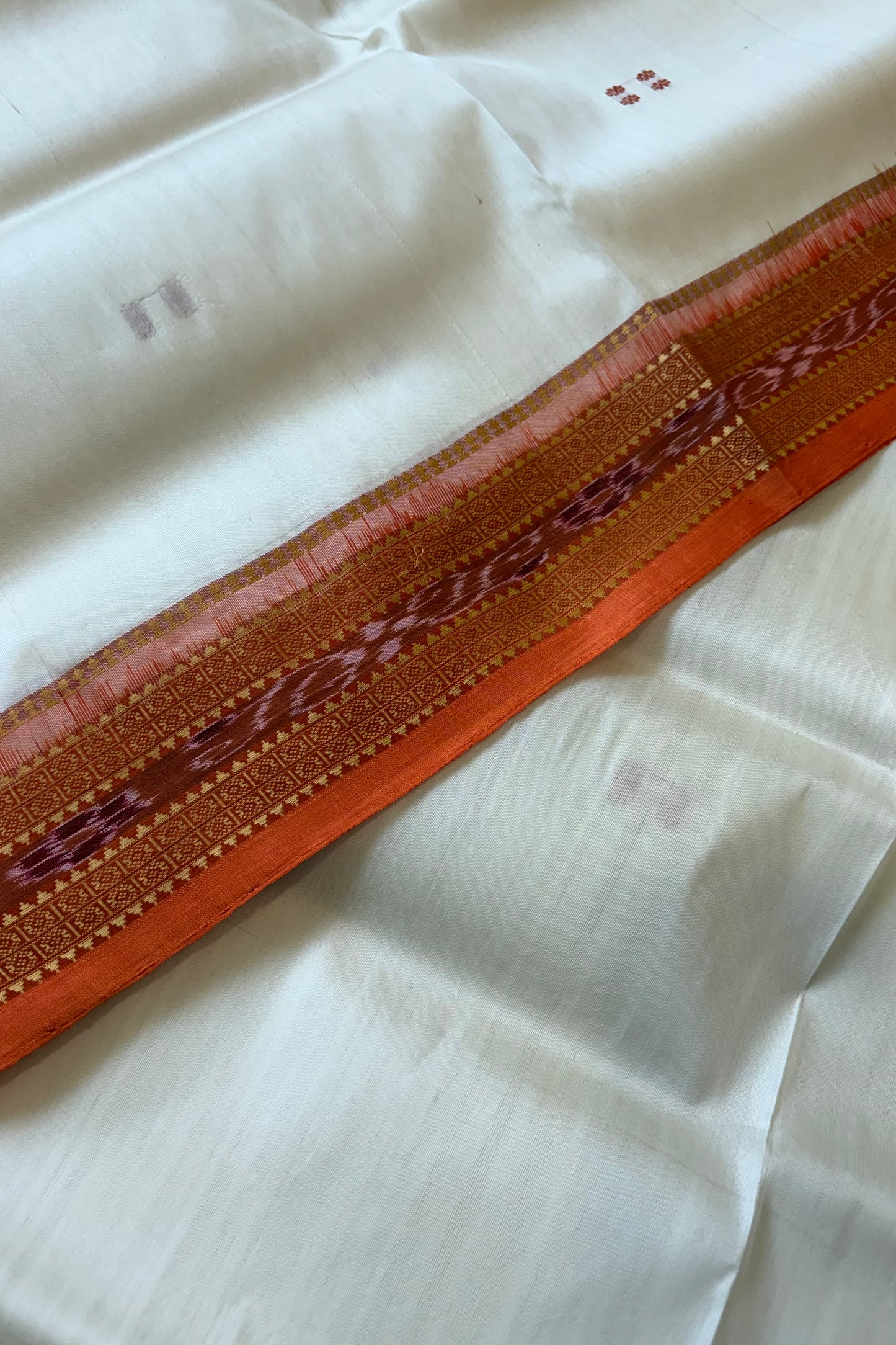 Odisha Ikkat Khandua Pure Silk Saree- Off White And Orange