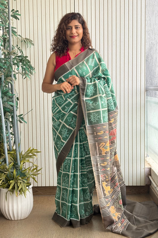 Nabakothi Khandua Ikkat Silk Saree: Dual tone english Green