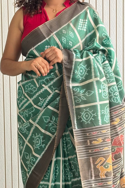 Nabakothi Khandua Ikkat Silk Saree: Dual tone english Green