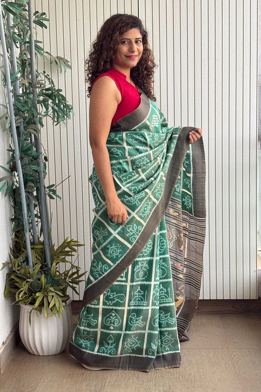 Nabakothi Khandua Ikkat Silk Saree: Dual tone english Green