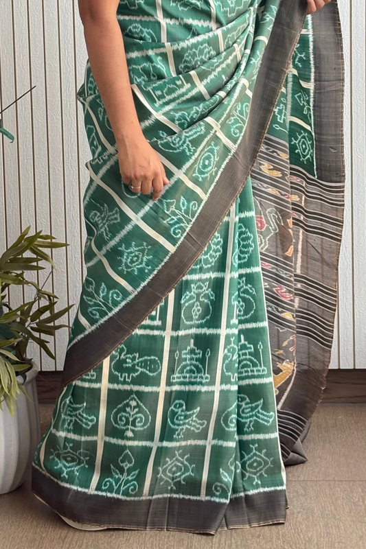 Nabakothi Khandua Ikkat Silk Saree: Dual tone english Green