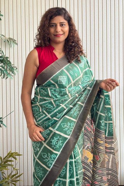 Nabakothi Khandua Ikkat Silk Saree: Dual tone english Green
