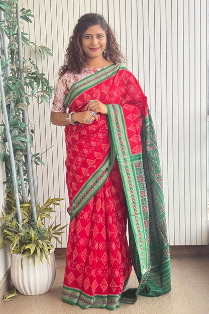 Odisha Ikkat Khandua Cotton Saree-Red