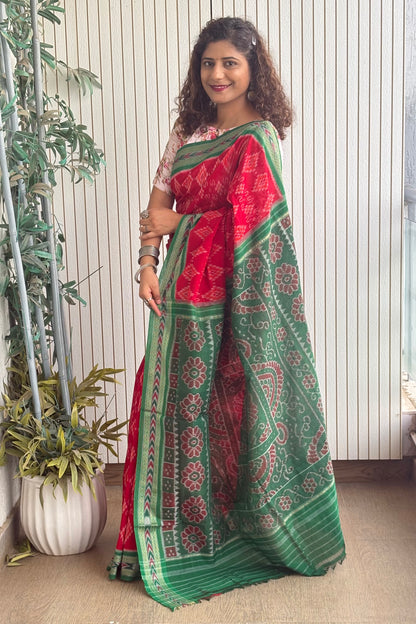 Odisha Ikkat Khandua Cotton Saree-Red