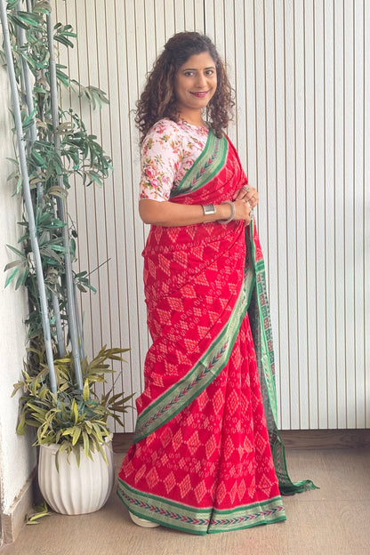 Odisha Ikkat Khandua Cotton Saree-Red