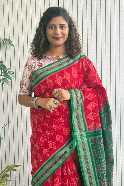 Odisha Ikkat Khandua Cotton Saree-Red