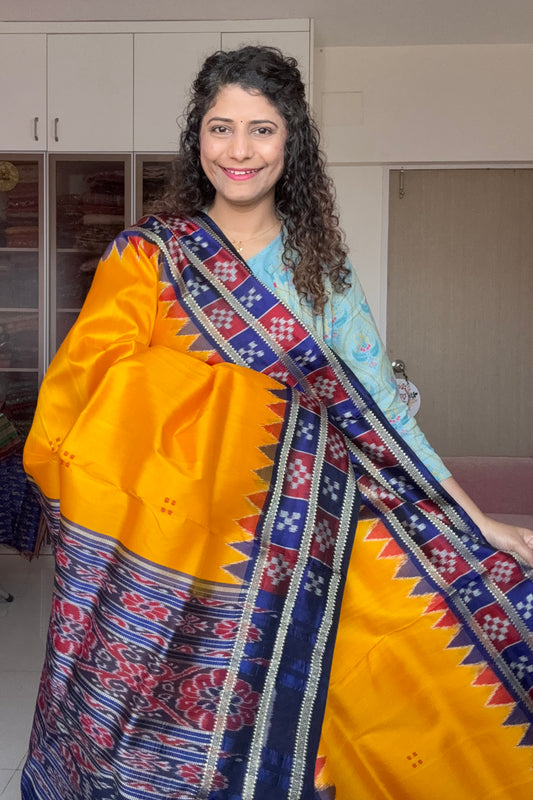 Pasapali Border Odisha Ikkat Pure Silk Saree-Yellow