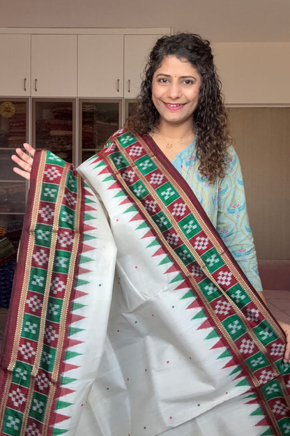 Pasapali Border Odisha Ikkat Pure Silk Saree-Off White