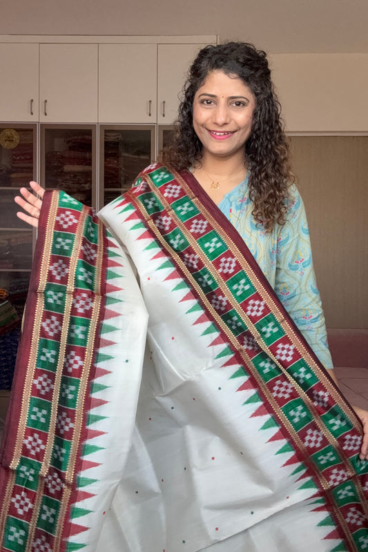 Pasapali Border Odisha Ikkat Pure Silk Saree-Off White