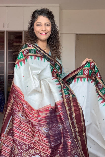 Pasapali Border Odisha Ikkat Pure Silk Saree-Off White