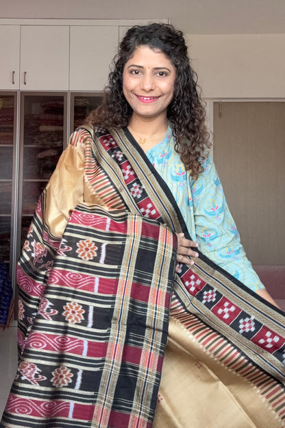 Pasapali Border Odisha Ikkat Khandua Pure Silk Saree- Gold