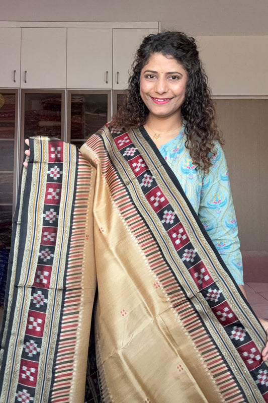 Pasapali Border Odisha Ikkat Khandua Pure Silk Saree- Gold
