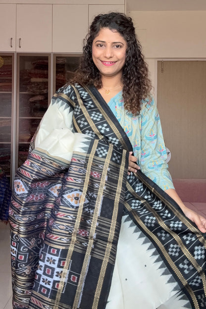 Pasapali Border Odisha Ikkat Pure Silk Saree-Off White