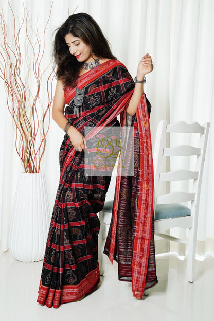 Nabakothi Khandua Cotton Saree: Black and Red