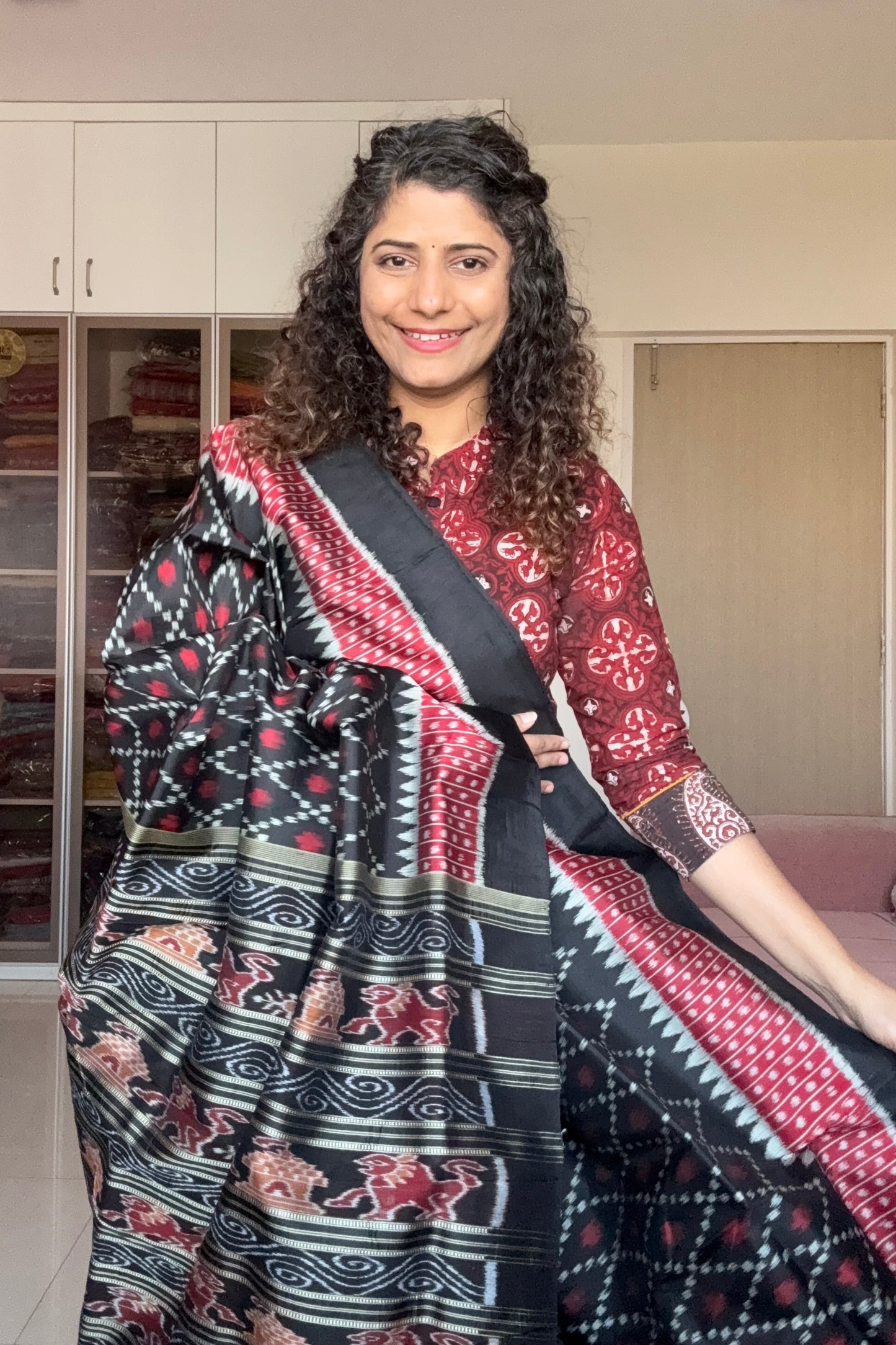 Odisha Ikkat Pure Silk Saree-Black and Red