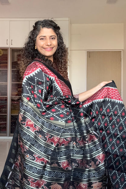 Odisha Ikkat Pure Silk Saree-Black and Red