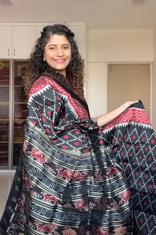 Odisha Ikkat Pure Silk Saree-Black and Red