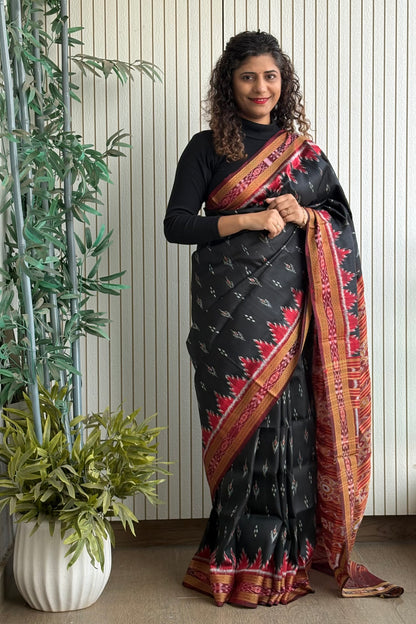 Odisha Ikkat Khandua Silk Saree - Mayura Chandrika- Black