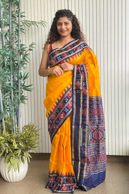 Pasapali Border Odisha Ikkat Pure Silk Saree-Yellow