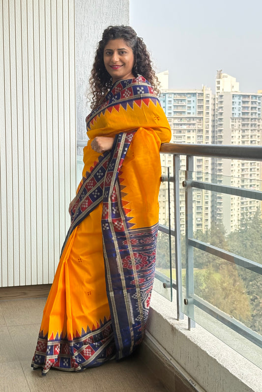 Pasapali Border Odisha Ikkat Pure Silk Saree-Yellow