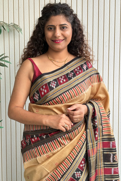 Pasapali Border Odisha Ikkat Khandua Pure Silk Saree- Gold
