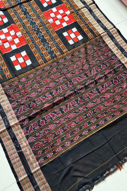 Sambalpuri Bichitrapuri Pure Cotton Saree: Black & Orange