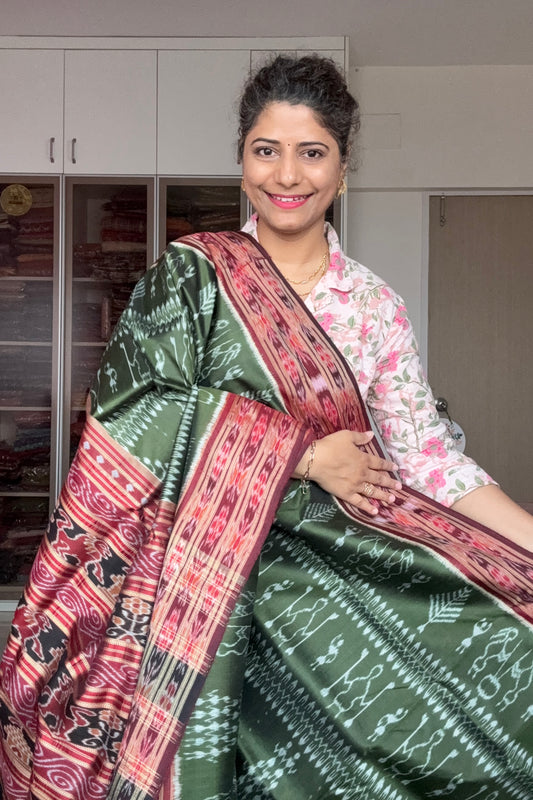 Exclusive Odisha Ikkat Pure Silk Saree-Mehndi Green