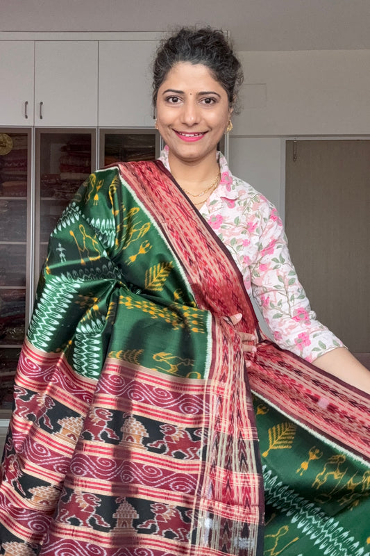 Exclusive Odisha Ikkat Pure Silk Saree-Mehndi Green