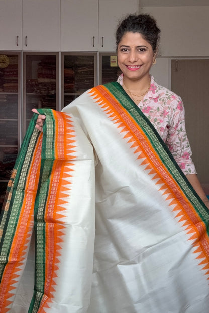 Odisha Ikkat Double Border Pure Silk Saree-Off White