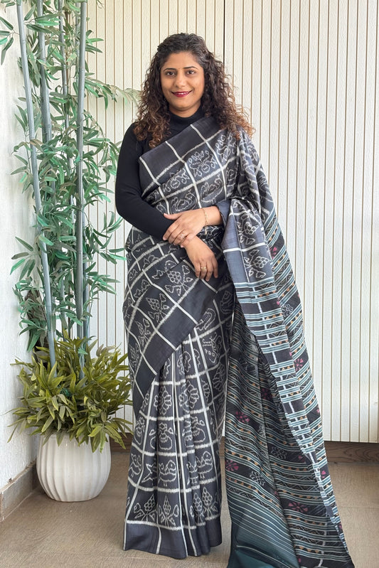 Exclusive Odisha Ikkat Nabakothi Pure Silk Saree- Dual Tone Black
