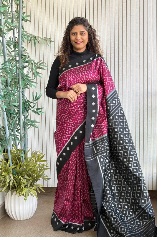 Exclusive Odisha Ikkat Pure Silk Saree- Wine Pink