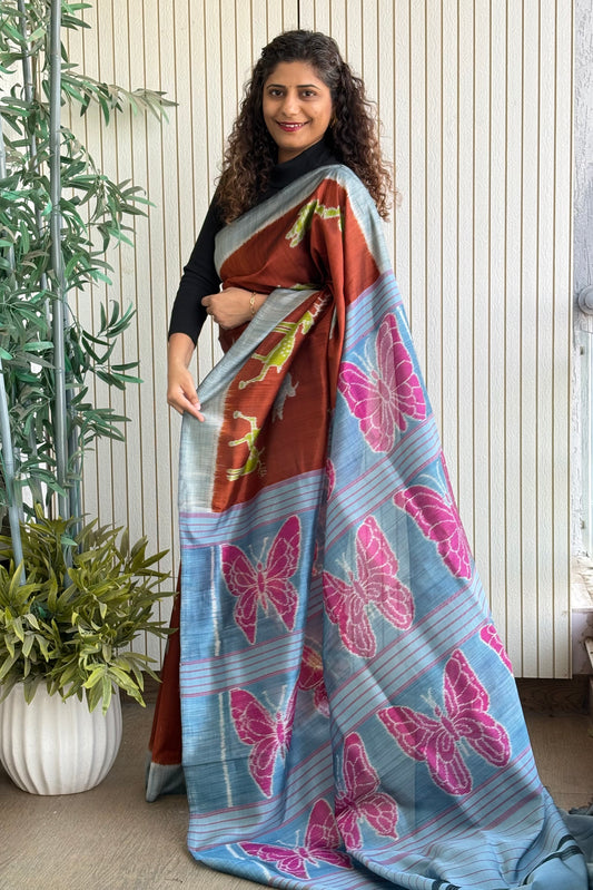 Exclusive Odisha Ikkat Pure Silk Saree- Rust Brown