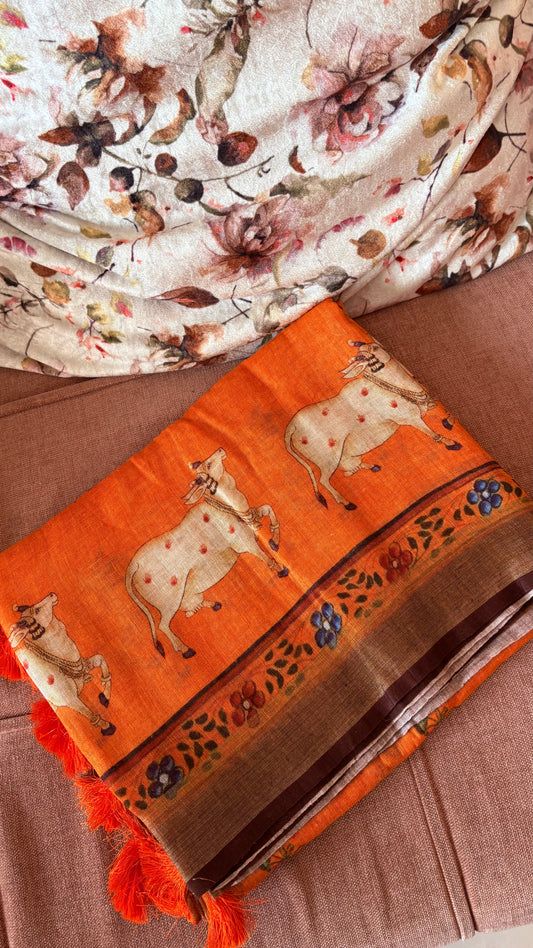 Pure Linen Saree With Digital Print- Orange
