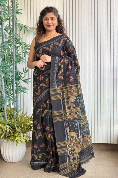 Exclusive Odisha Ikkat Khandua Cotton Saree - Black