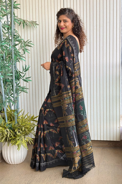 Exclusive Odisha Ikkat Khandua Cotton Saree - Black