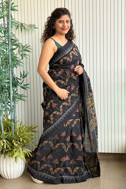 Exclusive Odisha Ikkat Khandua Cotton Saree - Black