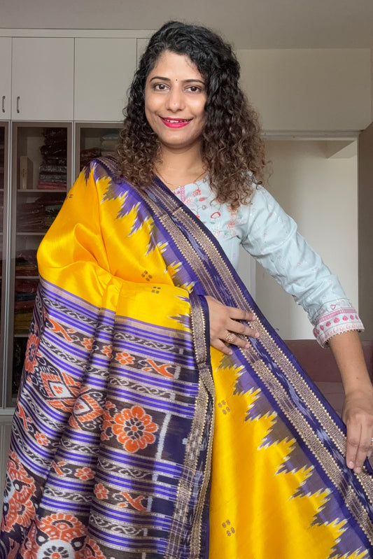 Odisha Ikkat Pure Khandua Silk Saree - Yellow