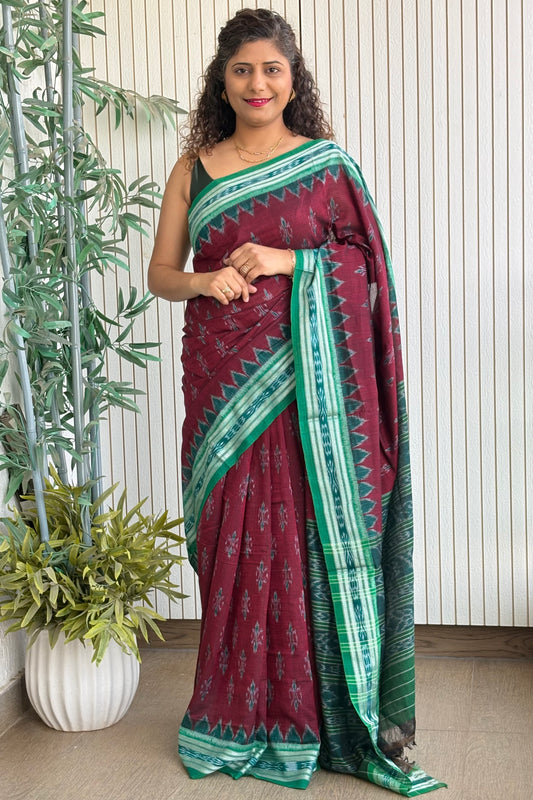 Odisha Ikkat Khandua Cotton Saree -Maroon-Green