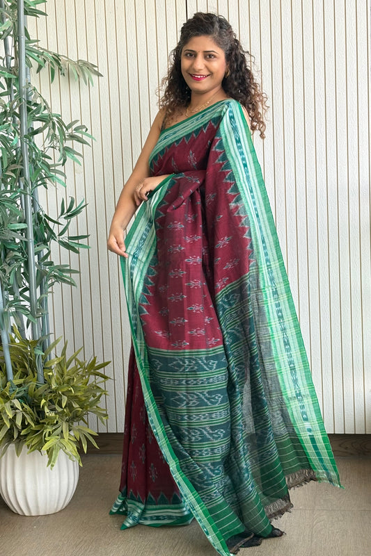 Odisha Ikkat Khandua Cotton Saree -Maroon-Green