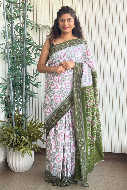 Odisha Ikkat Khandua Cotton Saree- White-Green