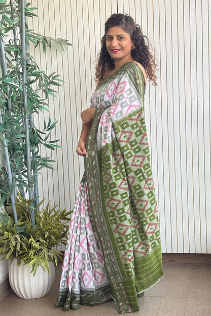 Odisha Ikkat Khandua Cotton Saree- White-Green