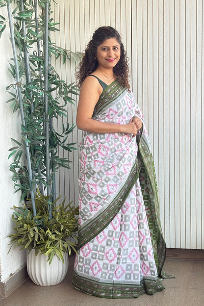 Odisha Ikkat Khandua Cotton Saree- White-Green